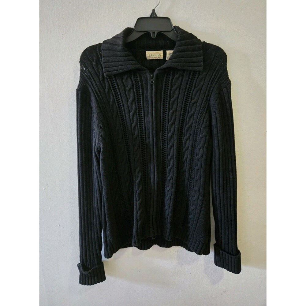St. John's Bay Women's Cable Knit Sweater Black Zip Front Cuffed Long Sleeves L
